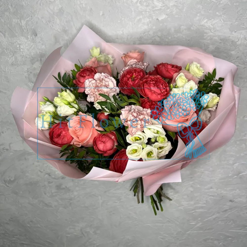 Букет цветов Притязательность в красках Букет цветов из: Розы, Гвоздики и Лизиантусы